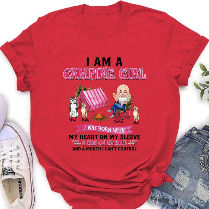 Custom Personalized Camping T-shirt/Hoodie/Sleeve/Sweater - Gift for Camping Lovers, Dog Lovers - Camping Queen Dog Mom - Up to 3 Dogs - I am a camping girl