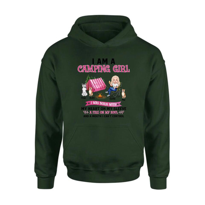 Custom Personalized Camping T-shirt/Hoodie/Sleeve/Sweater - Gift for Camping Lovers, Dog Lovers - Camping Queen Dog Mom - Up to 3 Dogs - I am a camping girl