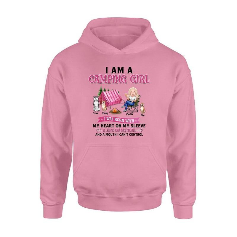 Personalized Camping T-shirt/Hoodie/Sleeve/Sweater - Gift for Camping Lovers, Dog Lovers - Camping Queen Dog Mom - Up to 3 Dogs - I am a camping girl