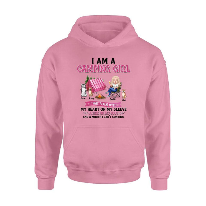 Custom Personalized Camping T-shirt/Hoodie/Sleeve/Sweater - Gift for Camping Lovers, Dog Lovers - Camping Queen Dog Mom - Up to 3 Dogs - I am a camping girl