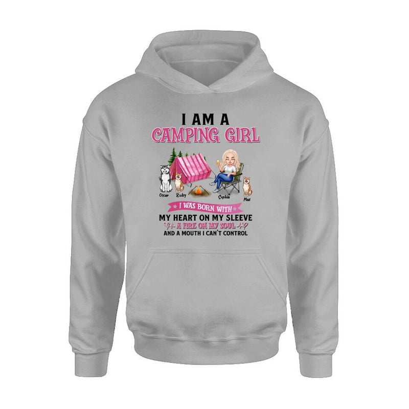 Personalized Camping T-shirt/Hoodie/Sleeve/Sweater - Gift for Camping Lovers, Dog Lovers - Camping Queen Dog Mom - Up to 3 Dogs - I am a camping girl