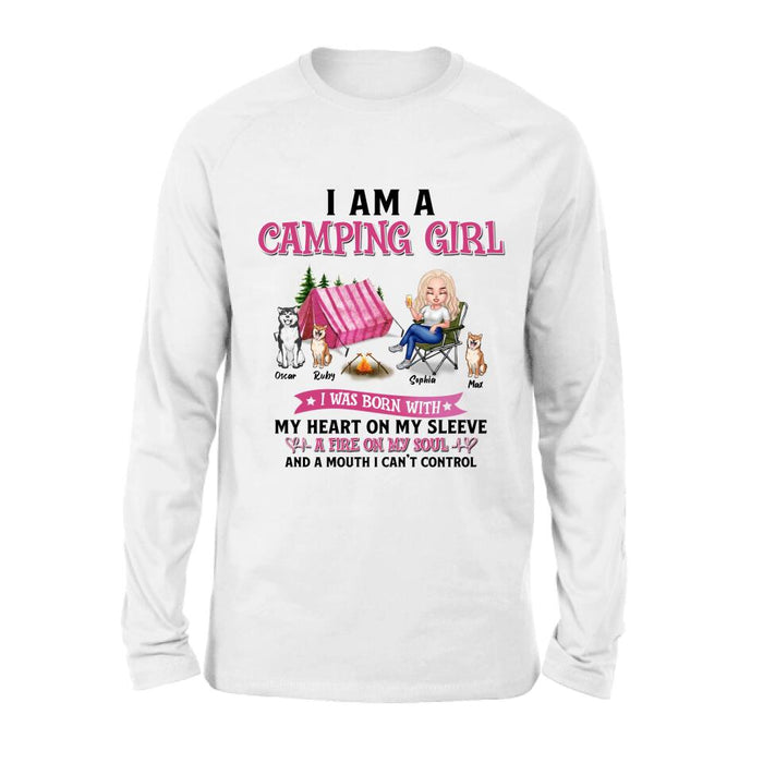 Custom Personalized Camping T-shirt/Hoodie/Sleeve/Sweater - Gift for Camping Lovers, Dog Lovers - Camping Queen Dog Mom - Up to 3 Dogs - I am a camping girl