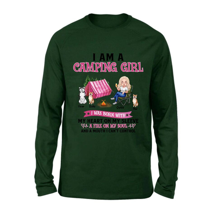Custom Personalized Camping T-shirt/Hoodie/Sleeve/Sweater - Gift for Camping Lovers, Dog Lovers - Camping Queen Dog Mom - Up to 3 Dogs - I am a camping girl