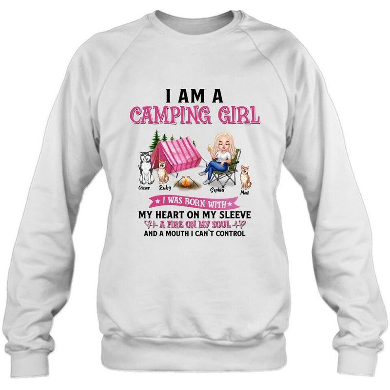 Personalized Camping T-shirt/Hoodie/Sleeve/Sweater - Gift for Camping Lovers, Dog Lovers - Camping Queen Dog Mom - Up to 3 Dogs - I am a camping girl