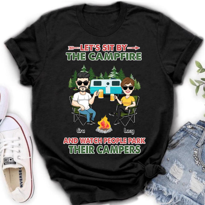 Custom Personalized Couple With Dogs Camping Shirt/ Hoodie - Couple With Up to 4 Dogs - Gift For Couple/ Camping/ Dog Lover - Let's Sit By The Campfire