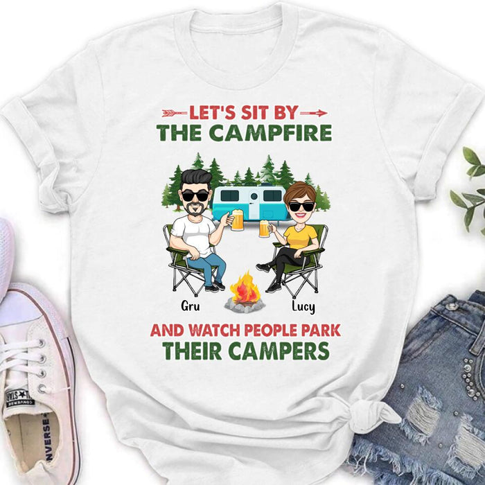 Custom Personalized Couple With Dogs Camping Shirt/ Hoodie - Couple With Up to 4 Dogs - Gift For Couple/ Camping/ Dog Lover - Let's Sit By The Campfire