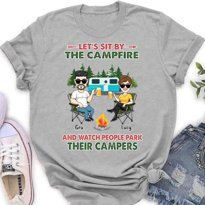 Custom Personalized Couple With Dogs Camping Shirt/ Hoodie - Couple With Up to 4 Dogs - Gift For Couple/ Camping/ Dog Lover - Let's Sit By The Campfire