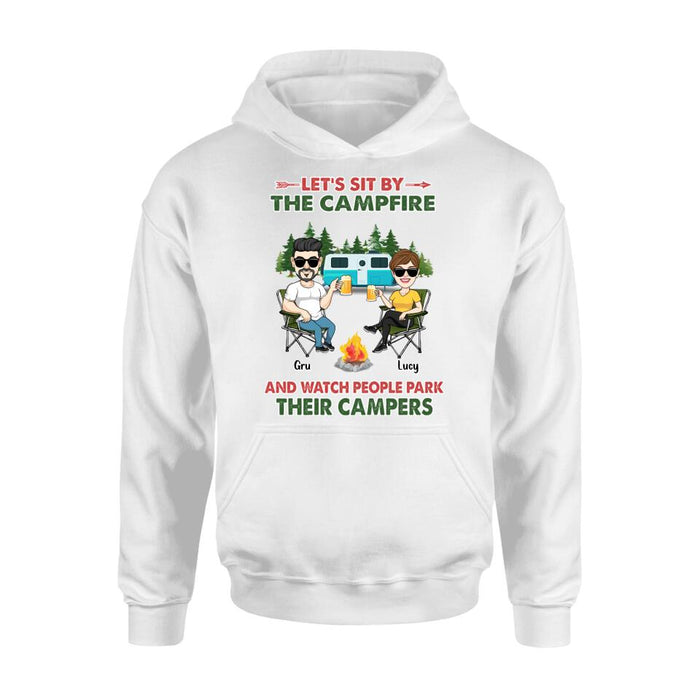 Custom Personalized Couple With Dogs Camping Shirt/ Hoodie - Couple With Up to 4 Dogs - Gift For Couple/ Camping/ Dog Lover - Let's Sit By The Campfire