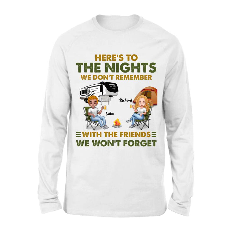 Personalized Camping Friends Shirt/Pullover Hoodie - Up to 7 People - Gift Idea For Friends/Camping Lover - Here's To The Nights We Don't Remember With The Friends We Won't Forget