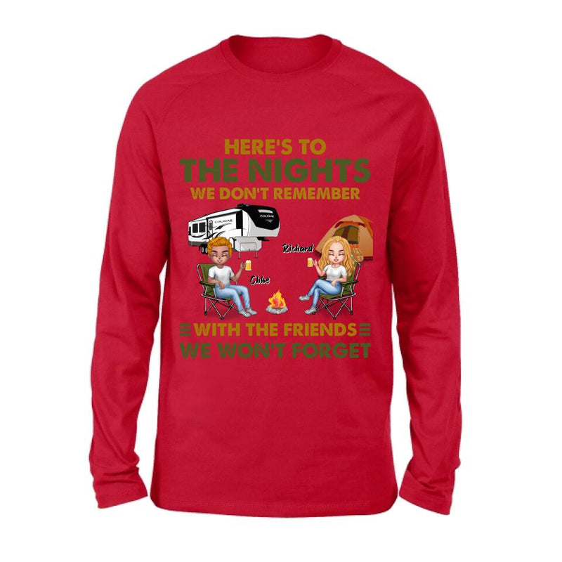 Personalized Camping Friends Shirt/Pullover Hoodie - Up to 7 People - Gift Idea For Friends/Camping Lover - Here's To The Nights We Don't Remember With The Friends We Won't Forget