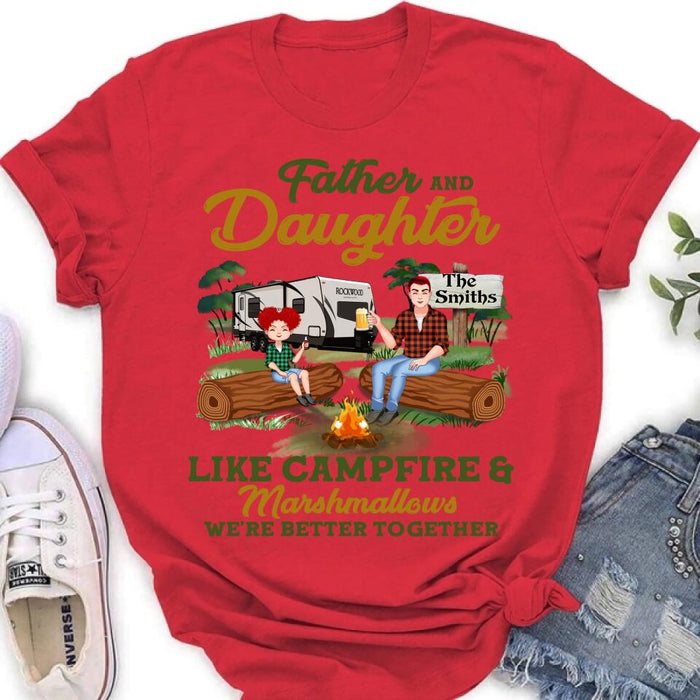 Custom Personalized Camping Dad Shirt/ Pullover Hoodie - Gift Idea For Father's Day/ Camping Lover - Father/ Parents With Upto 2 Kids And 4 Dogs - Father And Daughter Like Campfire & Marshmallows