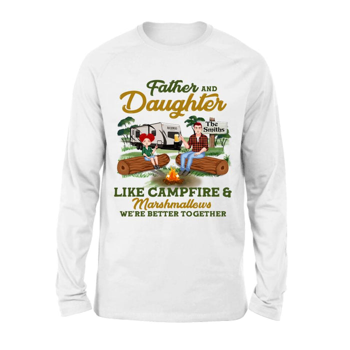 Custom Personalized Camping Dad Shirt/ Pullover Hoodie - Gift Idea For Father's Day/ Camping Lover - Father/ Parents With Upto 2 Kids And 4 Dogs - Father And Daughter Like Campfire & Marshmallows