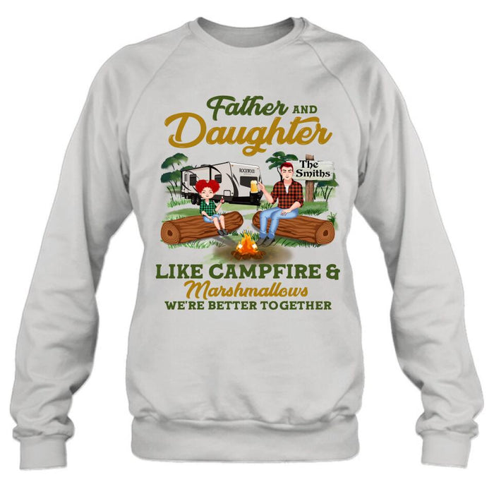 Custom Personalized Camping Dad Shirt/ Pullover Hoodie - Gift Idea For Father's Day/ Camping Lover - Father/ Parents With Upto 2 Kids And 4 Dogs - Father And Daughter Like Campfire & Marshmallows