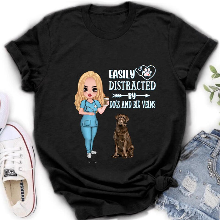 Custom Personalized Nurse Dog Mom Shirt/ Pullover Hoodie - Upto 5 Dogs - Gift Idea For Dog Lovers - Easily Distracted By Dogs And Big Veins