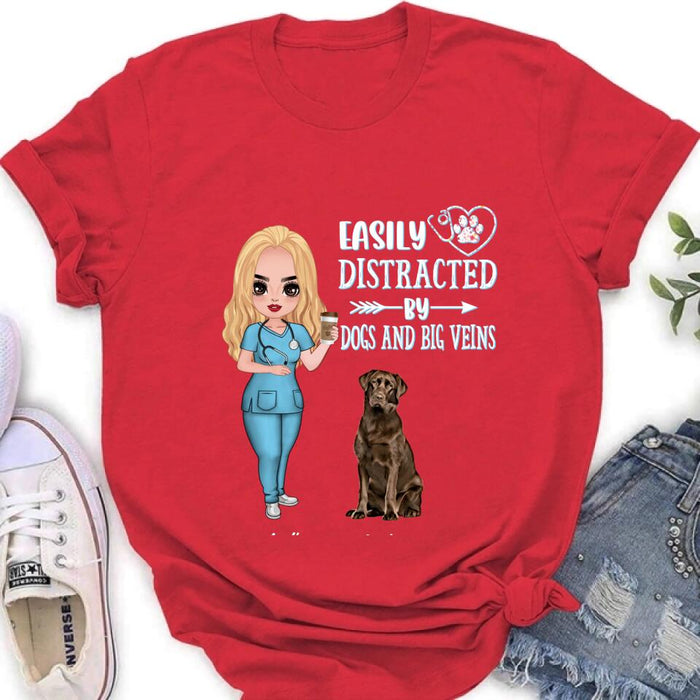 Custom Personalized Nurse Dog Mom Shirt/ Pullover Hoodie - Upto 5 Dogs - Gift Idea For Dog Lovers - Easily Distracted By Dogs And Big Veins