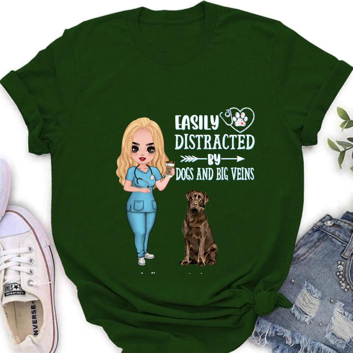 Custom Personalized Nurse Dog Mom Shirt/ Pullover Hoodie - Upto 5 Dogs - Gift Idea For Dog Lovers - Easily Distracted By Dogs And Big Veins