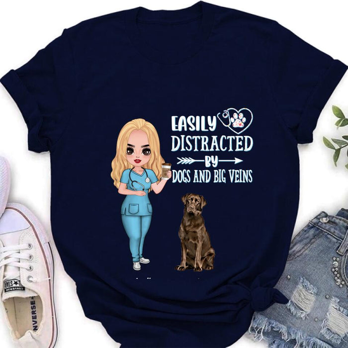 Custom Personalized Nurse Dog Mom Shirt/ Pullover Hoodie - Upto 5 Dogs - Gift Idea For Dog Lovers - Easily Distracted By Dogs And Big Veins