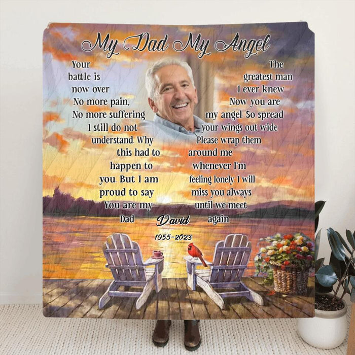 Custom Personalized Memorial Photo Quilt/Single Layer Fleece Blanket - Gift Idea For Father's Day/Husband - My Dad/Husband My Angel