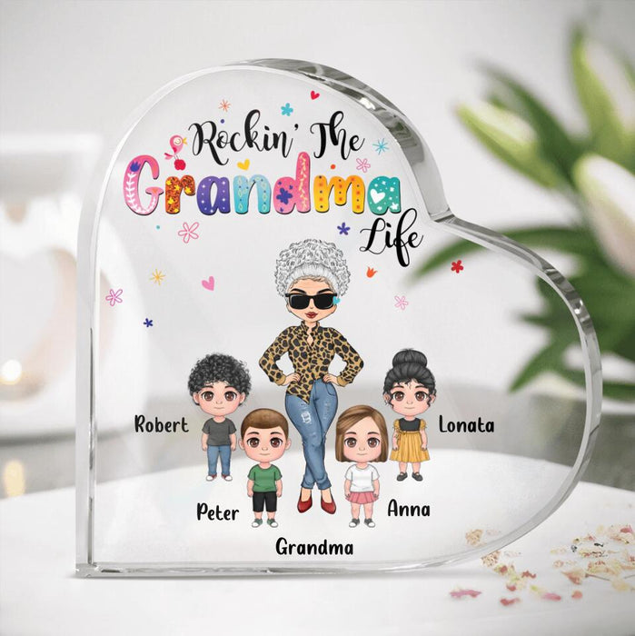 Custom Personalized Grandma & Kids Crystal Heart - Gift Idea For Grandma/Mother's Day - Upto 4 Kids - Rockin' The Grandma Life