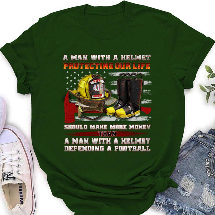 Custom Personalized Firefighter Shirt/ Hoodie - Gift Idea For Firefighter, Father's Day - A Man With A Helmet Protecting Our Life