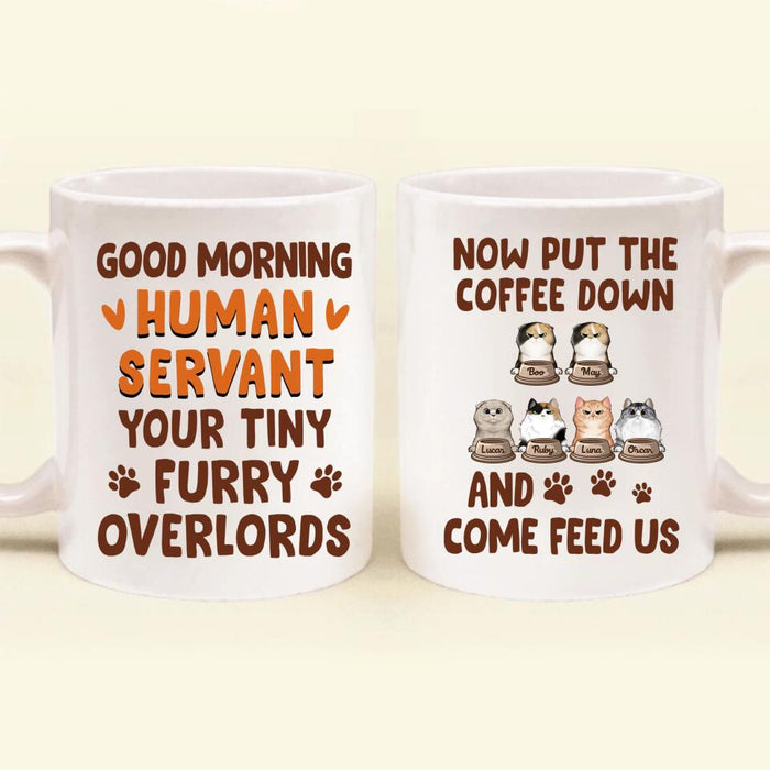 Custom Personalized Cats Coffee Mug - Upto 6 Cats - Mother's Day Gift Idea For Cat Lovers - Good Morning Human Servant Your Tiny Furry Overlords