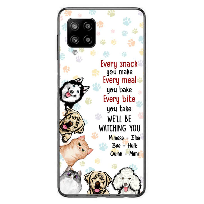 Custom Personalized Pets Phone Case - Upto 6 Dogs/Cats - Mother's Day Gift for Dog/Cat Lovers - Every Snack You Make Every Meal You Bake Every Bite You Take We'll Be Watching You - Case for iPhone/Samsung