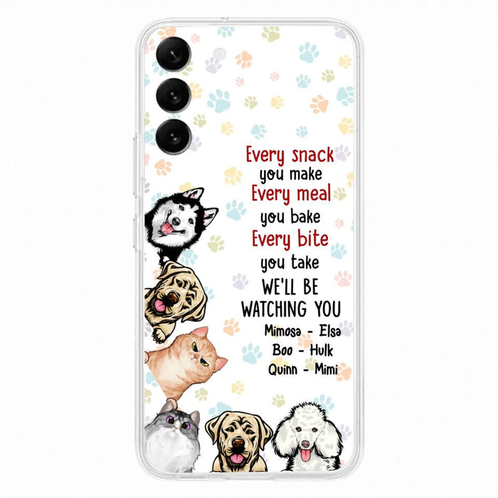 Custom Personalized Pets Phone Case - Upto 6 Dogs/Cats - Mother's Day Gift for Dog/Cat Lovers - Every Snack You Make Every Meal You Bake Every Bite You Take We'll Be Watching You - Case for iPhone/Samsung