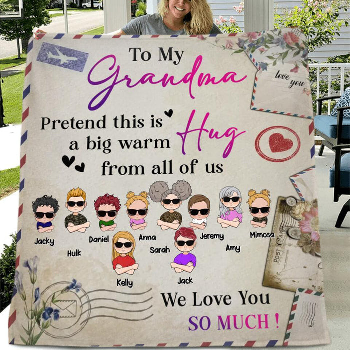 Custom Personalized Grandma Quilt/Single Layer Fleece Blanket - Upto 10 Children - Mother's Day Gift Idea for Grandma - To Our Grandma Pretend This Is A Big Warm Hug From All Of Us