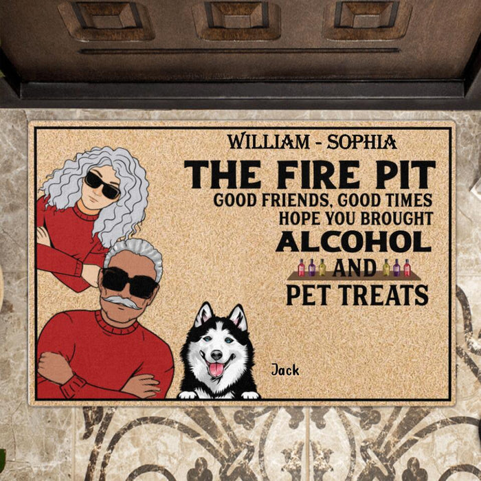 Custom Personalized Couple With Pets Doormat - Gift Idea For Couple/ Dog/Cat Lover - Upto 4 Pets - Good Friends, Good Times Hope You Brought Alcohol And Pet Treats