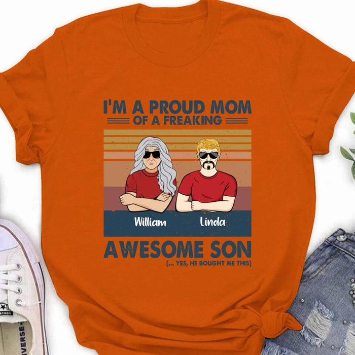 Custom Personalized Parent With Children Shirt/Long Sleeve/Hoodie/Sweatshirt - Gift Idea For Mother's Day/Father's Day - Upto 4 Children - I'm A Proud Mom Of A Freaking Awesome Son