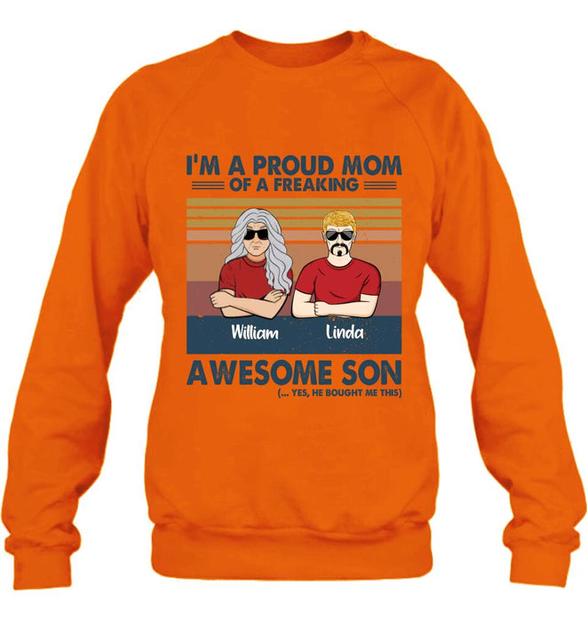 Custom Personalized Parent With Children Shirt/Long Sleeve/Hoodie/Sweatshirt - Gift Idea For Mother's Day/Father's Day - Upto 4 Children - I'm A Proud Mom Of A Freaking Awesome Son