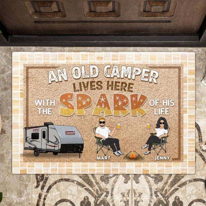 Custom Personalized Camping Couple Doormat - Gift Idea For Couple/Camping Lovers - An Old Camper Lives Here With The Spark Of His Life