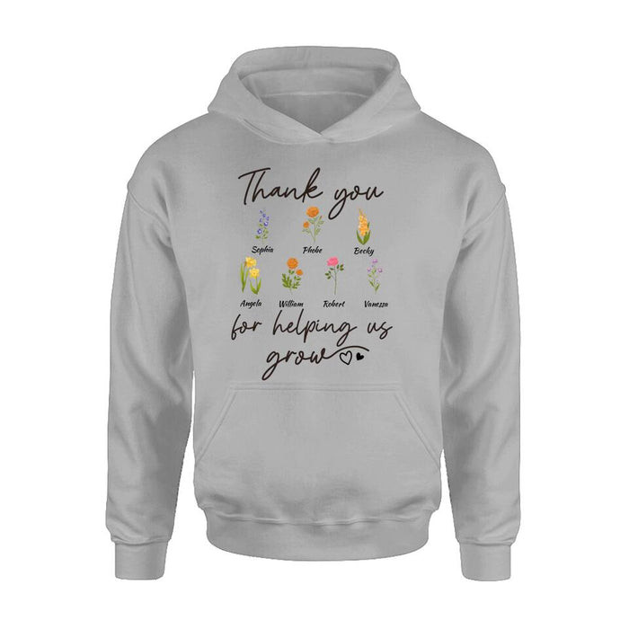 Custom Personalized Flowers T-shirt/ Long Sleeve/ Sweatshirt/ Hoodie - Upto 7 Flowers - Gift Idea For Mother's Day/ Father's Day - Thank You For Helping Us Grow