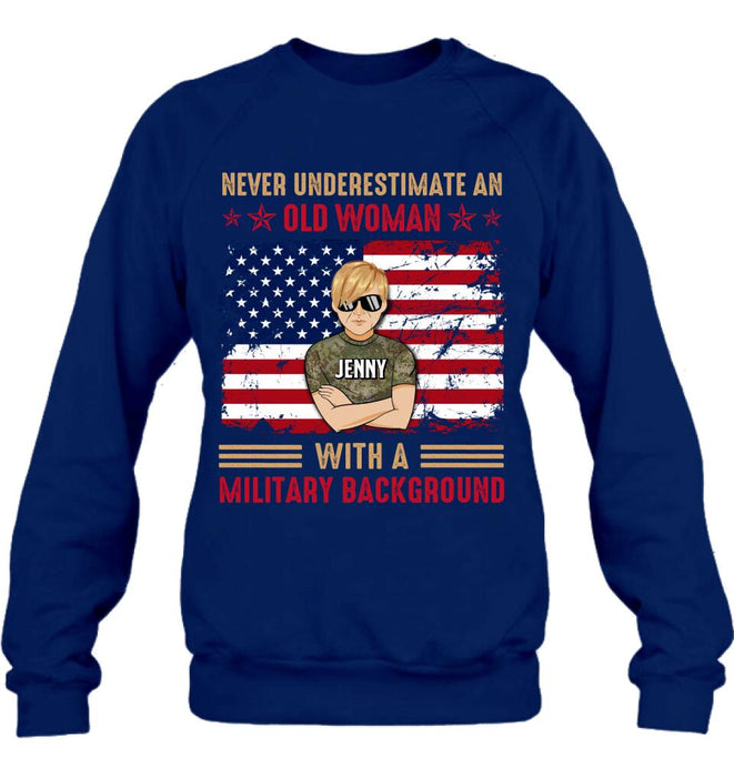 Custom Personalized Female Veteran T-shirt/ Long Sleeve/ Sweatshirt/ Hoodie - Veteran Gift Idea - Never Underestimate An Old Woman With A Military Background