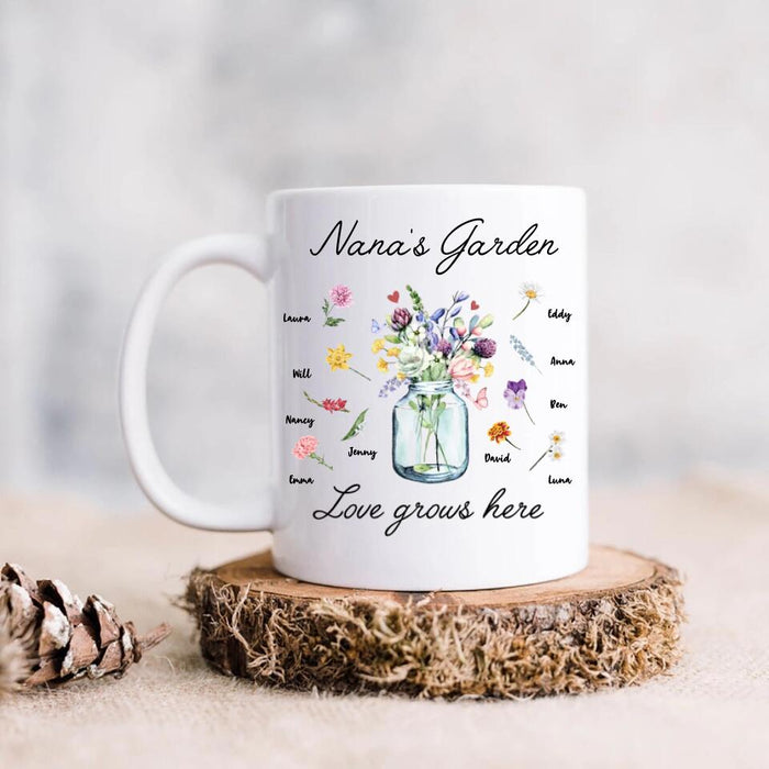 Custom Personalized Grandma Mug - Upto 10 Kids - Mother's Day Gift For Grandma - Nana's Garden Love Grows Here