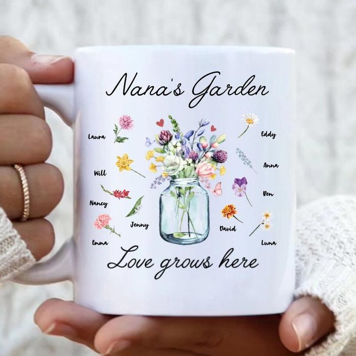 Custom Personalized Grandma Mug - Upto 10 Kids - Mother's Day Gift For Grandma - Nana's Garden Love Grows Here