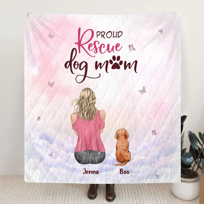 Custom Personalized Dog Mom Pillow Cover/Quilt/Fleece Blanket - Upto 5 Dogs - Mother's Day Gift Idea For Dog Lovers - Proud Rescue Dog Mom