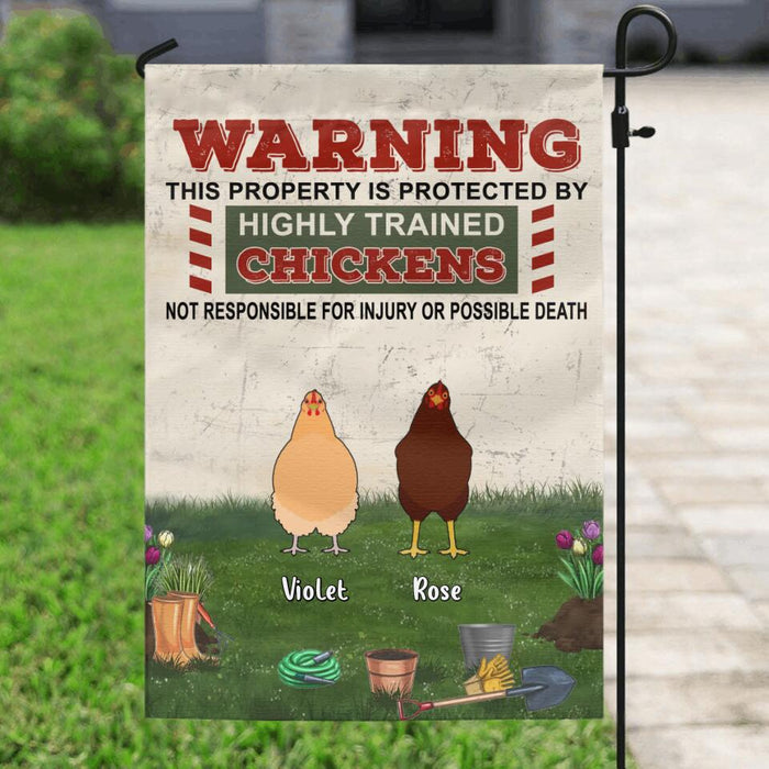 Custom Personalized Chicken Flag Sign - Up to 7 Chickens - Gift Idea For Chicken Lovers - Warning This Property Is Protected By Highly Trained Chickens Not Responsible For Injury Or Possible Death