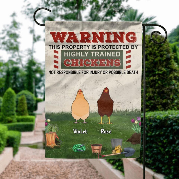 Custom Personalized Chicken Flag Sign - Up to 7 Chickens - Gift Idea For Chicken Lovers - Warning This Property Is Protected By Highly Trained Chickens Not Responsible For Injury Or Possible Death