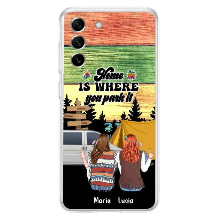 Custom Personalized Hippie Friends Phone Case - Gift Idea For Hippie Lovers - Up to 3 Girls - Home Is Where You Park It - Case For iPhone & Samsung