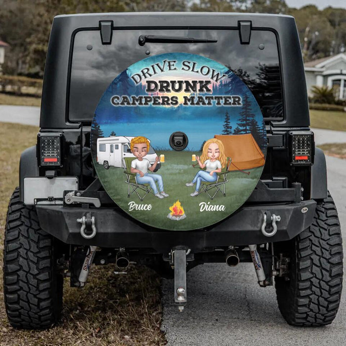 Custom Personalized Couple Camping Spare Tire Cover - Valentine's Day Gift Idea For Couple - Drive Slow Drunk Campers Matter
