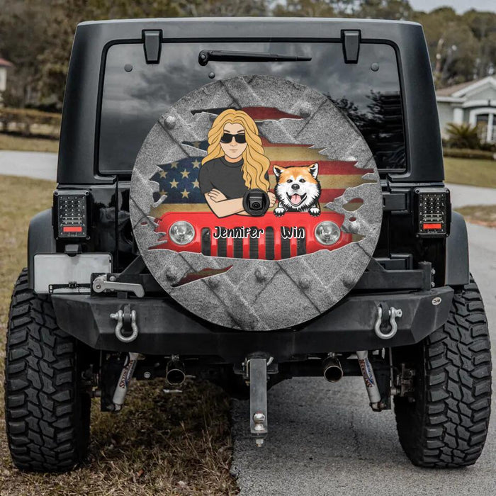 Custom Personalized Off-road Dog Lady Spare Tire Cover - Up to 5 Dogs - Best Gift For Dog Lovers