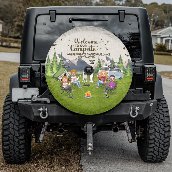 Custom Personalized Camping Spare Tire Cover - Upto 4 People and 2 Pets - Gift Idea For Couple/Camping/Dog/Cat Lovers - Welcome To Our Campsite