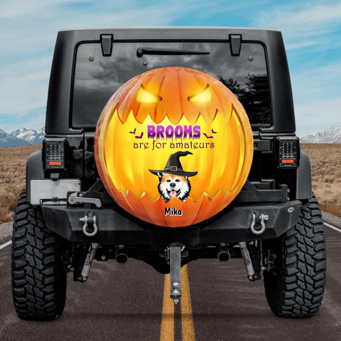 Custom Personalized Halloween Dog Spare Tire Cover - Up to 6 Dogs - Gift Idea For Halloween/ Dog Lover - Brooms Are For Amateurs