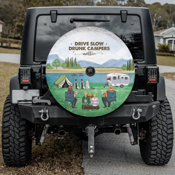 Custom Personalized Camping Spare Tire Cover - Adult/ Couple/ Single Parent/ Parents With Upto 2 Kids And 3 Pets - Gift Idea For Couple/ Camping Lover - Drive Slow Drunk Campers Matter