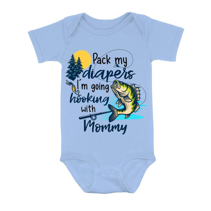 Personalized Fishing Baby Onesie - Gift Idea for Baby/Birthday/Father's Day/Mother's Day - Pack My Diapers I'm Going Hooking With Mommy