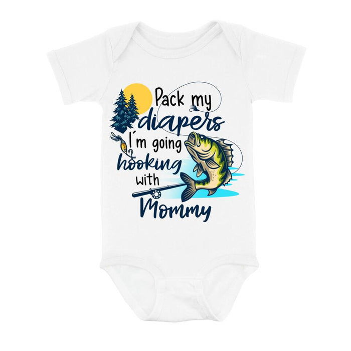 Personalized Fishing Baby Onesie - Gift Idea for Baby/Birthday/Father's Day/Mother's Day - Pack My Diapers I'm Going Hooking With Mommy