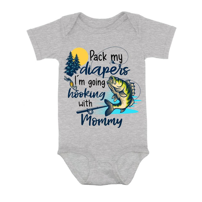 Personalized Fishing Baby Onesie - Gift Idea for Baby/Birthday/Father's Day/Mother's Day - Pack My Diapers I'm Going Hooking With Mommy