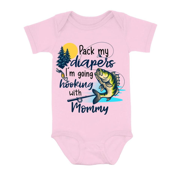 Personalized Fishing Baby Onesie - Gift Idea for Baby/Birthday/Father's Day/Mother's Day - Pack My Diapers I'm Going Hooking With Mommy