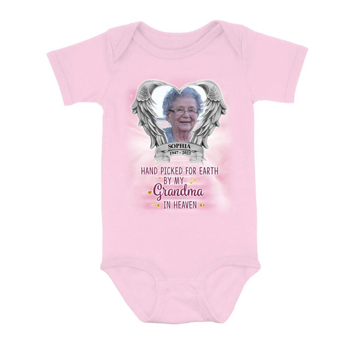 Personalized Memorial Photo Baby Onesie - Memorial Gift Idea For Father's Day/Mother's Day  - Hand Picked For Earth By My Grandma In Heaven